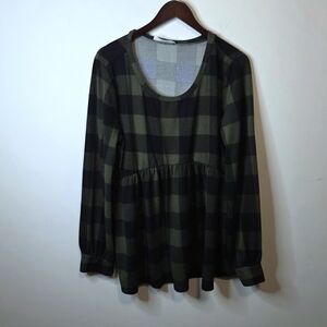 Haptics Green And Black Buffalo Plaid Babydoll Cabin Core Tunic Top Size 1X